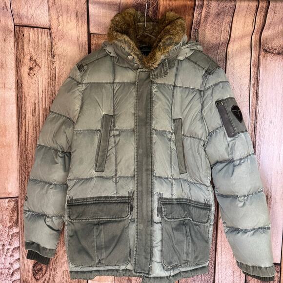 Armani Jeans Men’s Gray Down Puffer Jacket Fur Trim Hood Coat Size M Outerwear - Picture 1 of 11